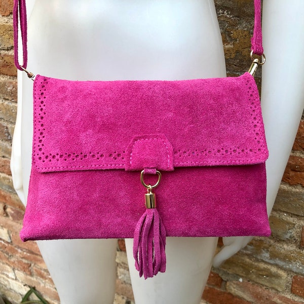 Boho suede leather crossbody bag in fuchsia PINK . Genuine leather pink retro bag.  Hot pink small bag  + zipper, flap and adjustable strap