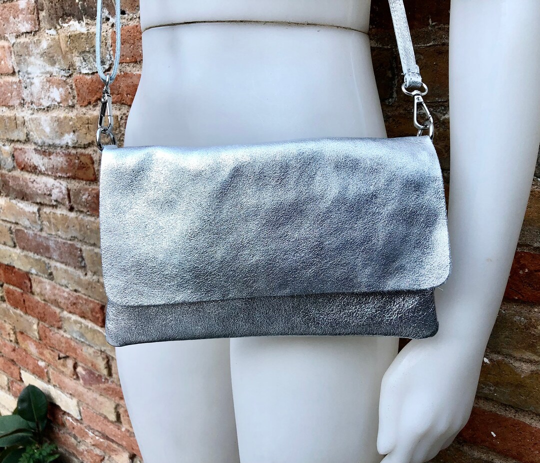 Small Leather Bag in SILVER. Cross Body Bag, Shoulder Bag in GENUINE Leather. Metallic Shine Bag ...