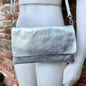 Small leather bag in SILVER. Cross body bag, shoulder bag in GENUINE  leather. Metallic shine bag with adjustable strap,  zipper and flap.