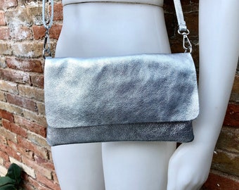 Small leather bag in SILVER. Cross body bag, shoulder bag in GENUINE  leather. Metallic shine bag with adjustable strap,  zipper and flap.