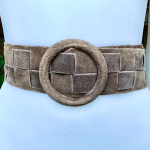 Light brown suede waist belt with large round buckle. Boho soft suede wide belt. Genuine suede taupe color leather. Dark greyge dress belt