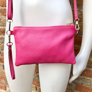 Small leather bag in Fuchsia pink. Cross body, shoulder bag or wristlet in GENUINE  leather. Pink purse with adjustable strap. Soft leather.