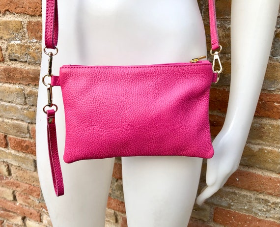 Small Leather Bag in Fuchsia Pink. Cross Body Shoulder Bag or 