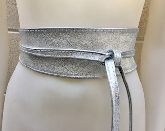 SILVER Leather OBI Wide Waist Belt in Soft Genuine Leather