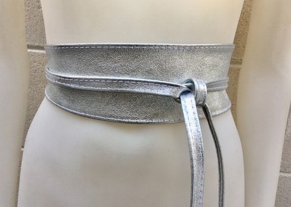 SILVER Leather OBI Belt. Wide Waist Belt in Soft Genuine Leather