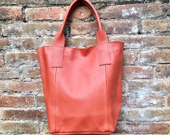 Orange tote leather bag. Genuine leather shopper. Large carry all bag for your laptop / books. Burnt orange leather purse. Shoulder bag.