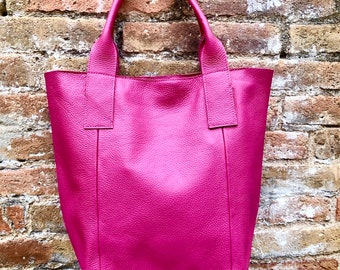 Hot PINK shopper bag in GENUINE leather. Large carry all bag for laptops, books. Fuchsia pink leather tote /  bucket bag. Pink leather purse