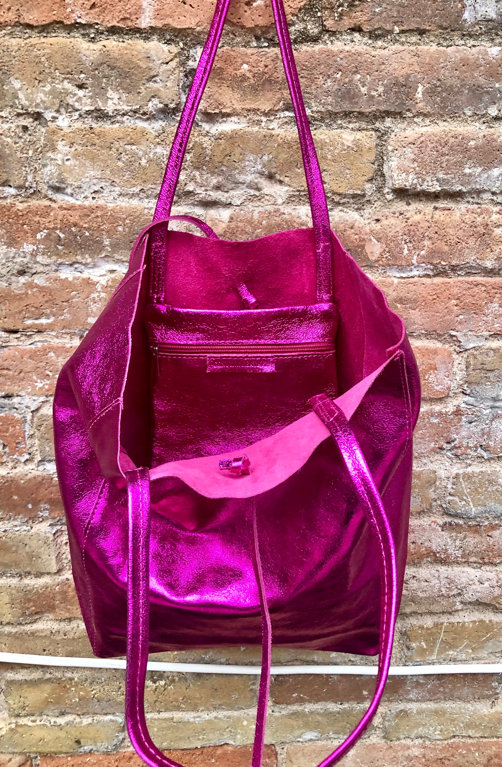 Tote Leather Bag in Fuchsia Pink. GENUINE Metallic Leather 
