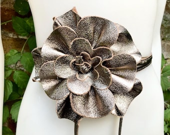 Flower Leather Belt in BRONZE. Waist, Overall or Dress Belt
