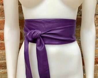 PURPLE obi belt. Wrap belt in soft genuine leather. Wraparound waist belt. Wide style. Boho dress belt in soft PURPLE leather