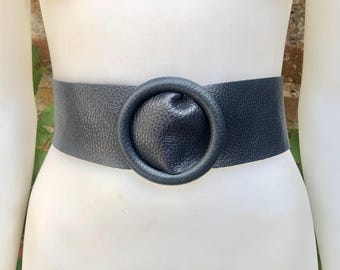 Navy leather waist belt with large round buckle. Soft leather belt in wine red.Genuine leather dark blue dress belt. Wide blue waist belt