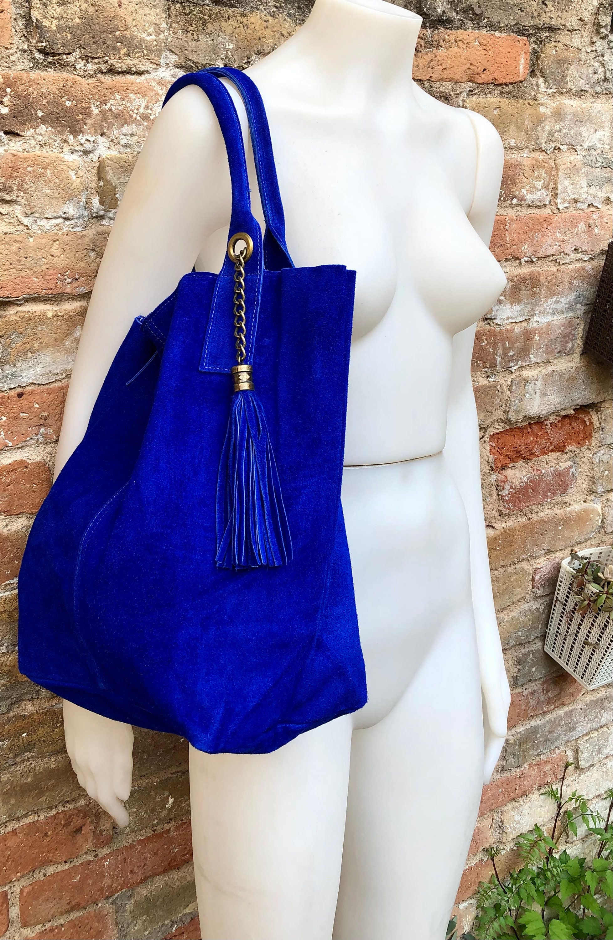 Cobalt BLUE Leather Shopper Bag in Genuine Suede. Slouchy BLUE Carry ...