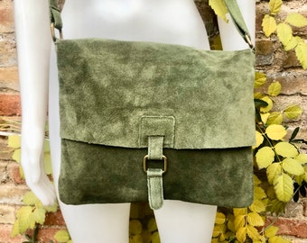 Moss green suede bag. Genuine leather purse. rGreen cossbody / messenger bag in soft natural leather for books, tablets. Green suede  purse