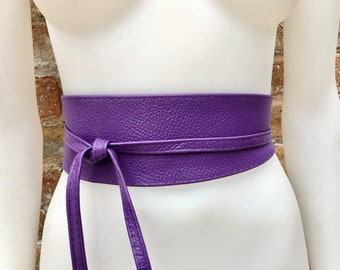 Purple obi belt in soft leather. Wrap belt in purple. Wide waist belt in genuine leather. Wraparound belt. Purple dress belt,