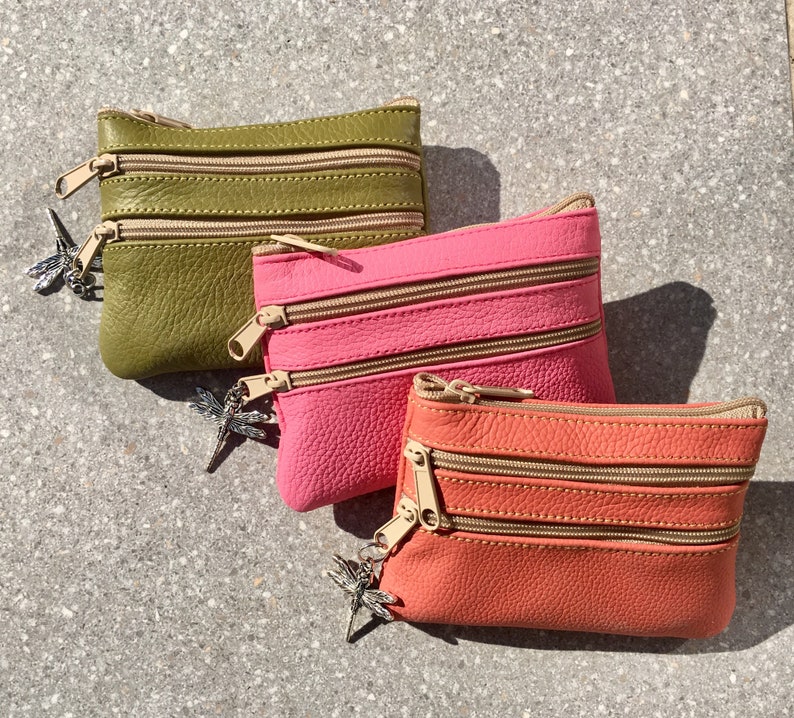 Light GREEN color leather wallet. Genuine leather Small purse in MOSS green coins bills Fits credit cards 3 zippers