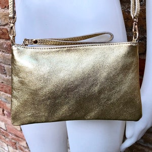 Small leather bag in GOLD .Cross body, shoulder bag or wristlet in GENUINE  leather. Golden leather bag with adjustable strap. Gold purse