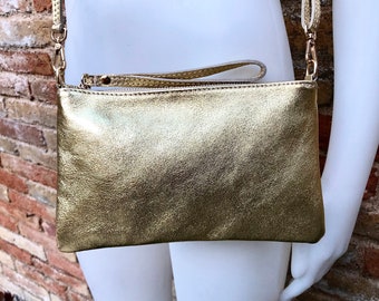 Small leather bag in GOLD .Cross body, shoulder bag or wristlet in GENUINE  leather. Golden leather bag with adjustable strap. Gold purse