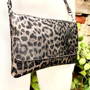 Cheetah print metallic bronze small leather bag. GENUINE leather. Leopard print shoulder / crossbody bag. Animal print purse. Zipper + flap.