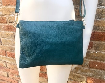 Small leather bag in dark teal GREEN .Genuine LEATHER crossbody / shoulder bag / wristlet.  Green leather purse. Adjustable strap and zipper