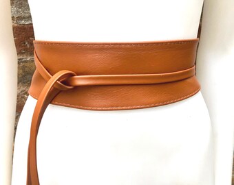 Retro Vintage Khaki Tan Faux Leather Obi Sash Wrap Wide Belt  display picture 1