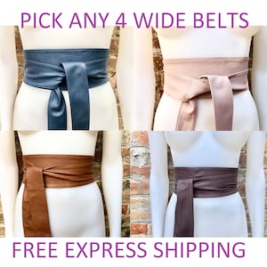 Wide obi waist belts. Pick any 4 belts in this style.Soft genuine leather wrap belt. Wraparound belt. Boho dress belt. Free express shipping