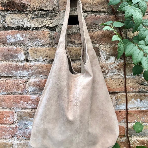 Beige slouch suede bag. Large tote bag in soft genuine leather. Beige leather shopper bag. Origami bag. Carry all bag for laptops, books etc