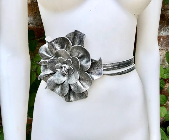 Flower Leather Belt in SILVER. Waist, Overall or Dress Belt