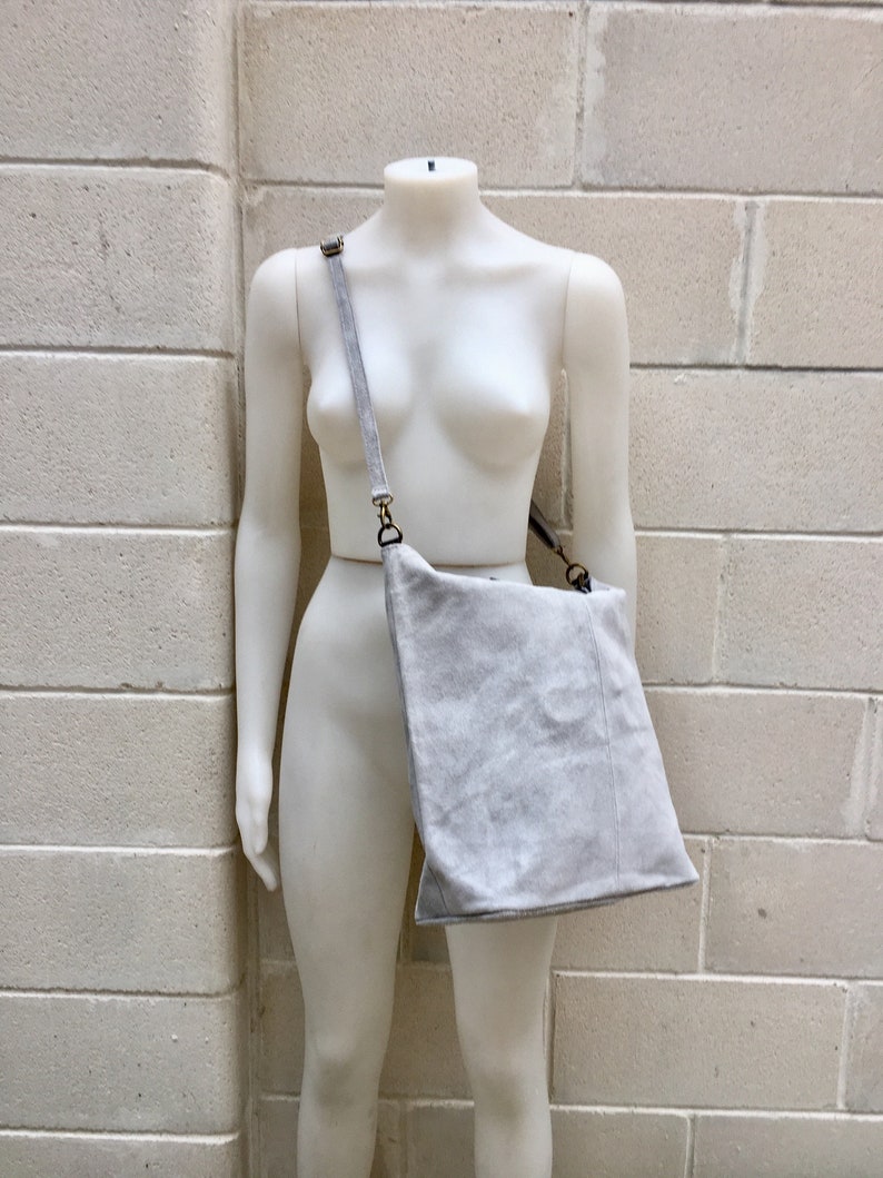 Large TOTE leather bag in light GRAY. Soft natural suede bag. Genuine leather shopper. Laptop or book bag in suede. Large crossbody bag. image 6