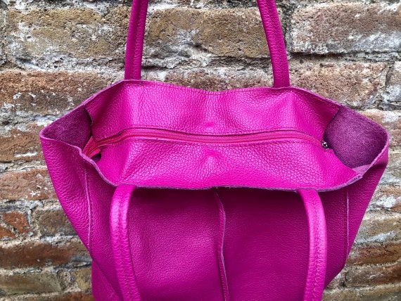 Tote Leather Bag in Hot PINK. Leather Shopper Bag in Soft Natural GENUINE Leather. Large Fuchsia Color Carry All Bag. Fuchsia Pink Purse Etsy UK