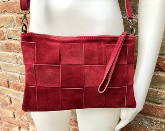 Burgundy suede leather bag . Genuine leather cross body / shoulder bag. Small wine red leather bag + adjustable strap and zipper. Red purse