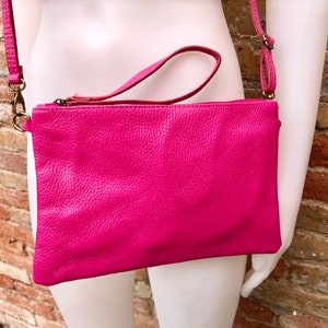 Small leather bag in Fuchsia pink. Cross body, shoulder bag or wristlet in GENUINE  leather. Pink purse with adjustable strap. Soft leather.