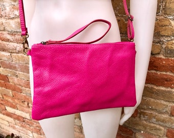 Small leather bag in Fuchsia pink. Cross body, shoulder bag or wristlet in GENUINE  leather. Pink purse with adjustable strap. Soft leather.