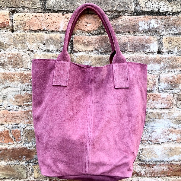 GENUINE suede leather raspberrry pink shopper bag. Slouchy carry all tote bag for your laptop, tablet, books.Pink suede purse / shoulder bag