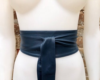 Dark blue - navy blue obi belt. Wrap belt in soft genuine leather. Wraparound waist belt. Wide style. Boho dress belt in dark blue leather