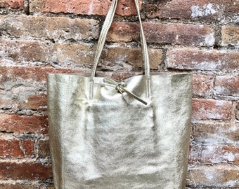 Tote leather bag in GOLD. Leather shopper in natural GENUINE leather. Large carry all bag for your laptop, books. Metallic leather shopper.