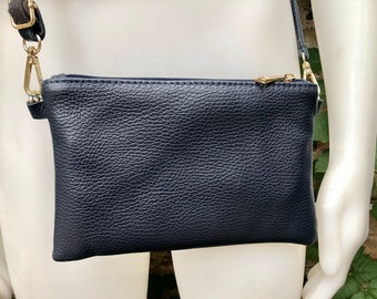 Small leather bag in NAVY BLUE .Cross body, shoulder bag or wristlet in GENUINE leather. Blue leather purse + adjustable strap
