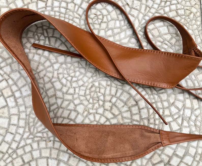 Obi belt in soft leather. Wrap belt in CAMEL BROWN. Waist belt in TOBACCO. Wraparound belt in brown genuine leather. Boho tan wide belt. image 5