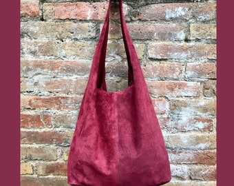 Slouch bag. Large TOTE leather bag in BURGUNDY. Red suede bag with ZIPPER. Wine red large shoulder bag. Laptop leather bag. Leather shopper