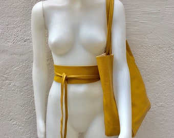 Tote bag in mustard YELLOW with belt.Soft natural GENUINE leather bag + belt set. Large yellow leather bag. Computer, tablet or Laptop bag.