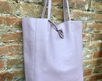 Tote leather bag in light PURPLE. Large leather shopper. Soft natural GENUINE  leather . Shoulder bag for your lapto, books etc