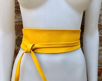 Obi belt in soft leather. Wrap belt in BRIGHT YELLOW. Waist belt in yellow. Yellow wraparound or dress belt. Yellow sash. Boho leather belt