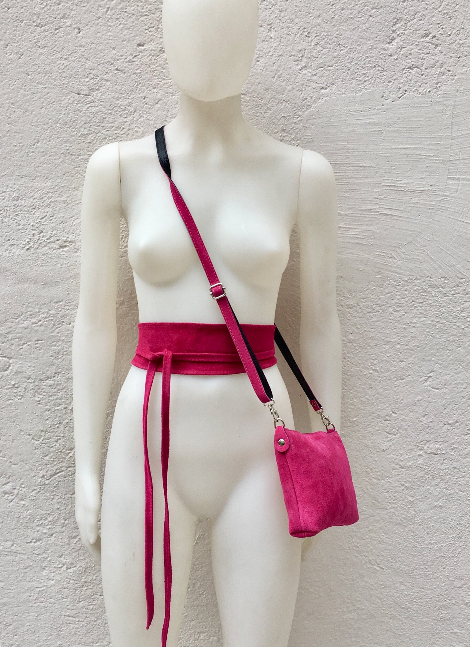Suede Leather Bag in Hot Pink. Cross Body Bag, Shoulder Bag