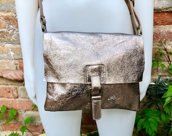 Metallic bronze crossbody / shoulder bag, genuine leather small crossover, messenger bag with zipper and flap. Small dark gold leather purse