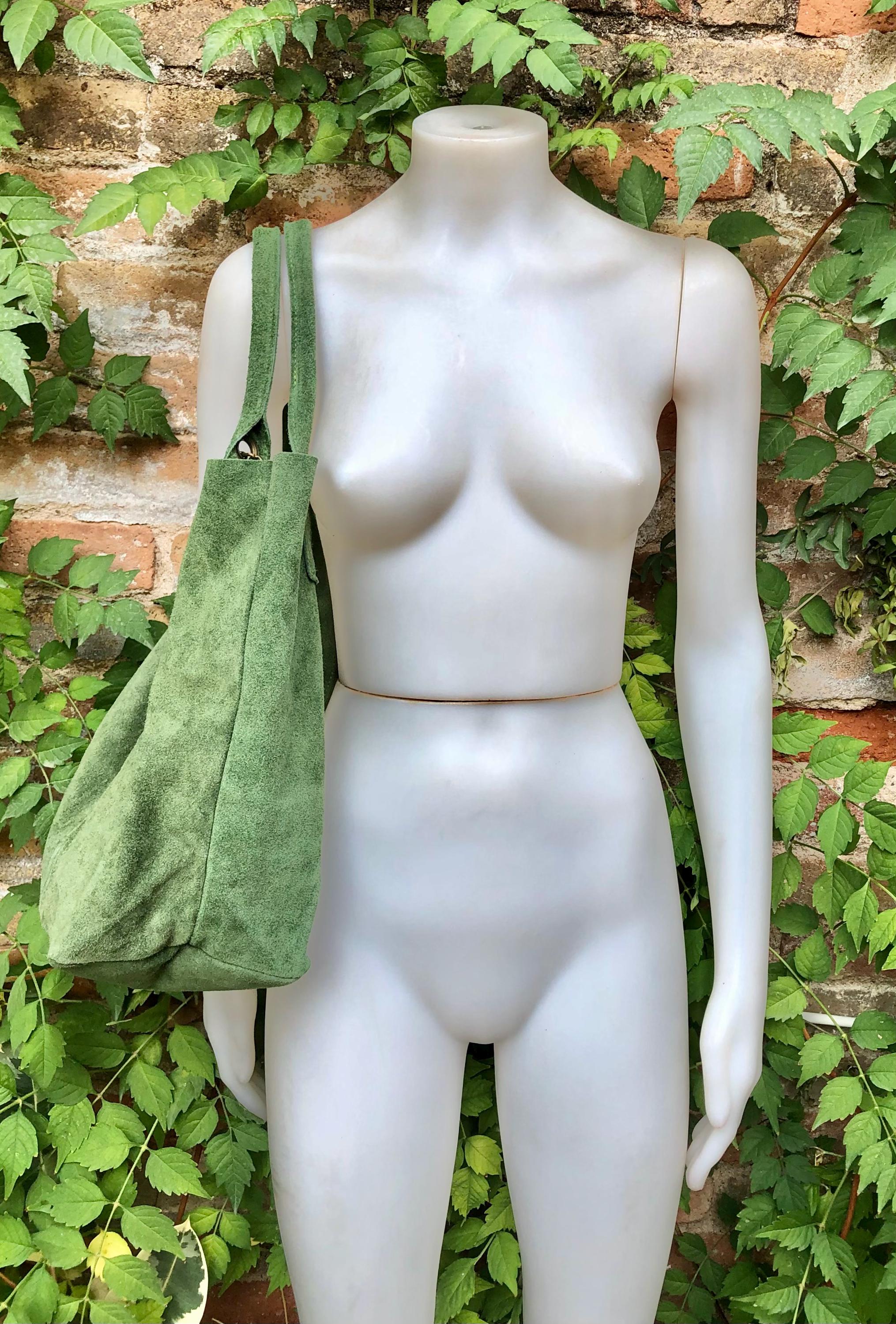 Moss GREEN Leather Shopper Bag in Genuine Natural Suede