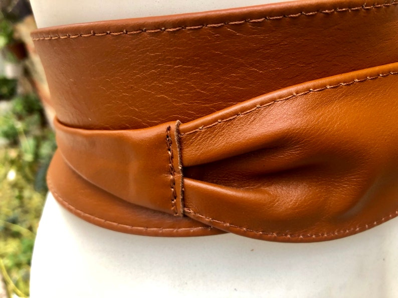 Obi belt in soft leather. Wrap belt in CAMEL BROWN. Waist belt in TOBACCO. Wraparound belt in brown genuine leather. Boho tan wide belt. image 4