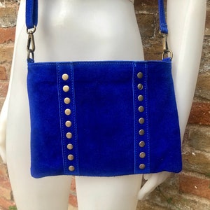 Cross body bag. Boho suede leather bag in COBALT blue with bronze color tacks. Messenger bag in genuine suede leather. BLUE crossbody bag