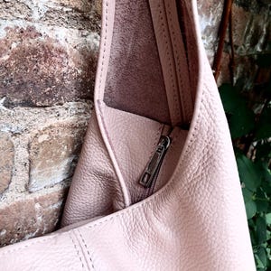 Slouch bag. Tote leather bag in light pink with ZIPPER. Soft genuine leather. Soft pink leather purse. Wide strap leather shoulder bag. image 10