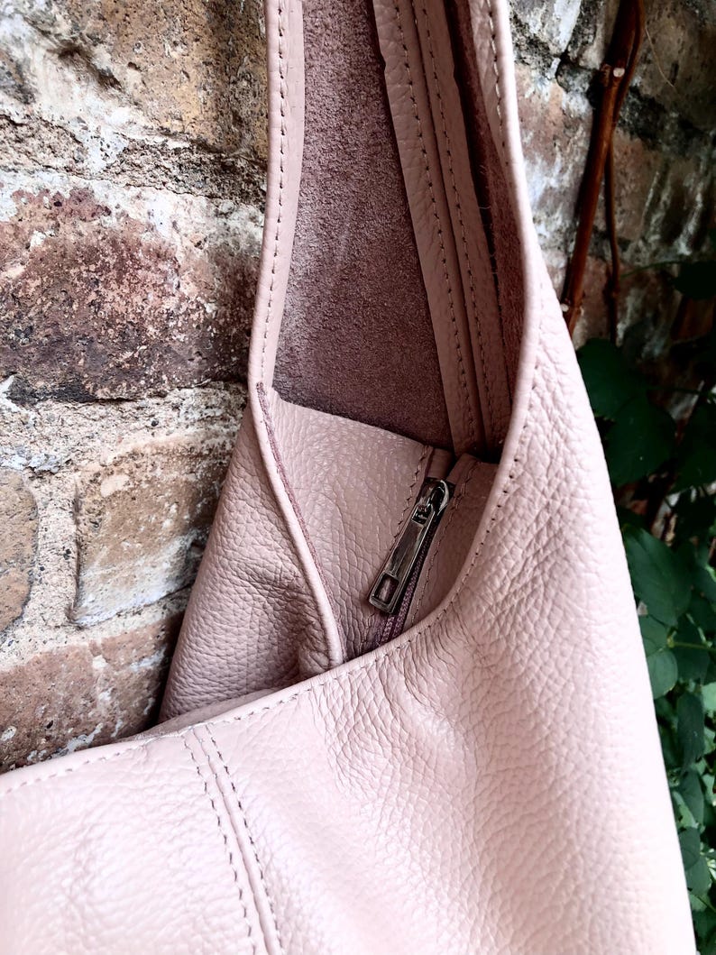 Slouch bag. Tote leather bag in light pink with ZIPPER. Soft genuine leather. Soft pink leather purse. Wide strap leather shoulder bag. image 10