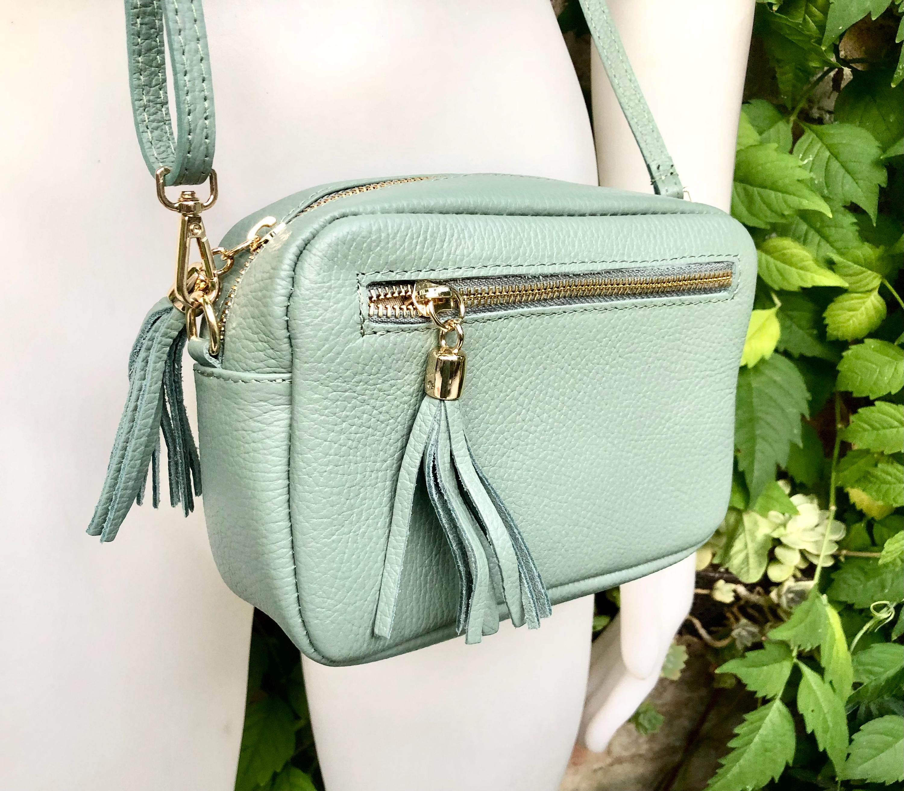 Small Sage Green Leather Bag. GENUINE Leather Shoulder / Cross