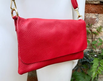 Small leather bag in RED. GENUINE leather bright red crossbody / shoulder bag. Red leather  purse with adjustable strap and zipper + flap
